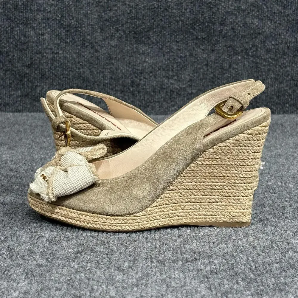 Prada Wedge Sandals Womens 5.5 Beige Espadrille Bow Peep Toe Suede Canvas